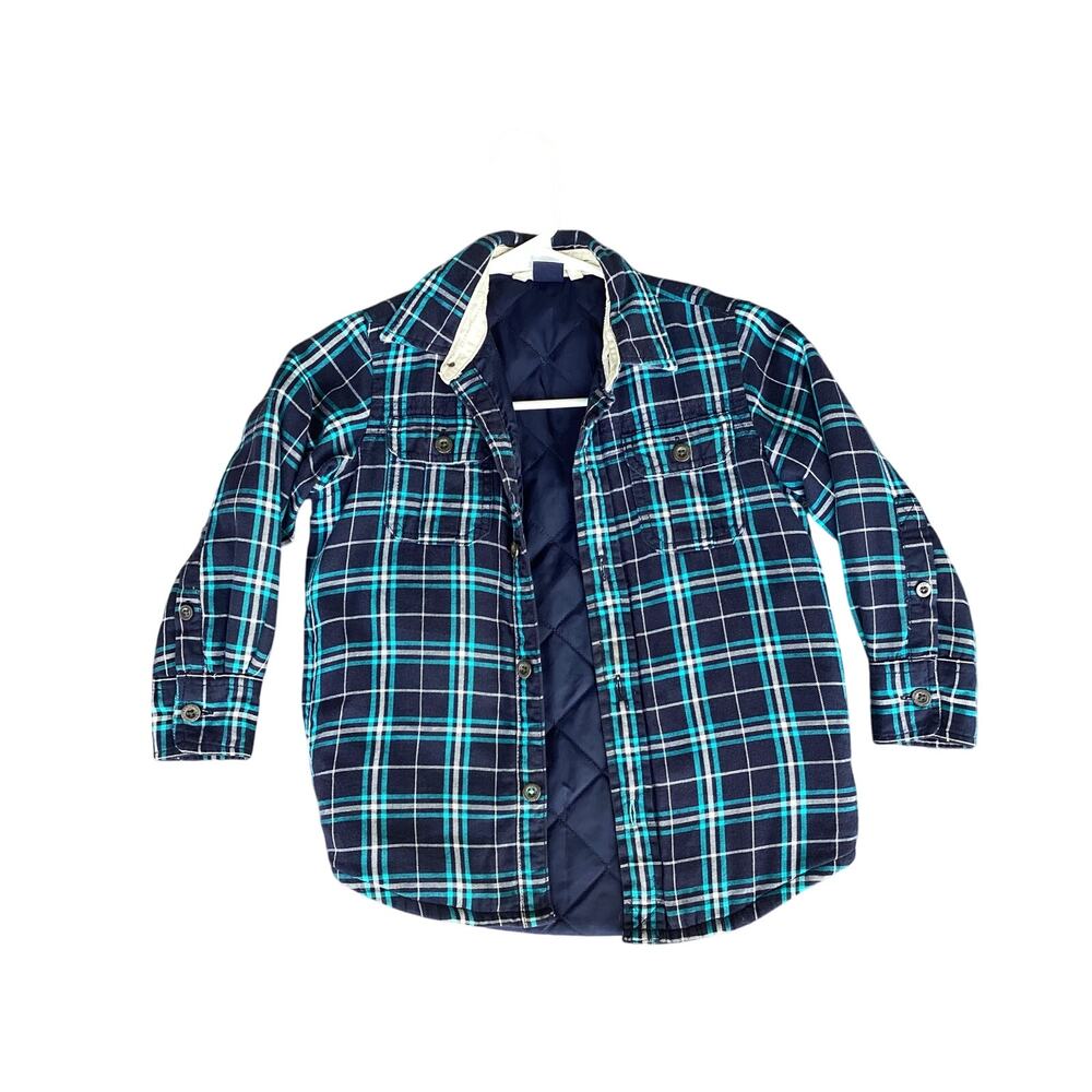 Gapkids Boys Quilted Lined Plaid‎ Button Front Jacket Winter Blue Green Size XS